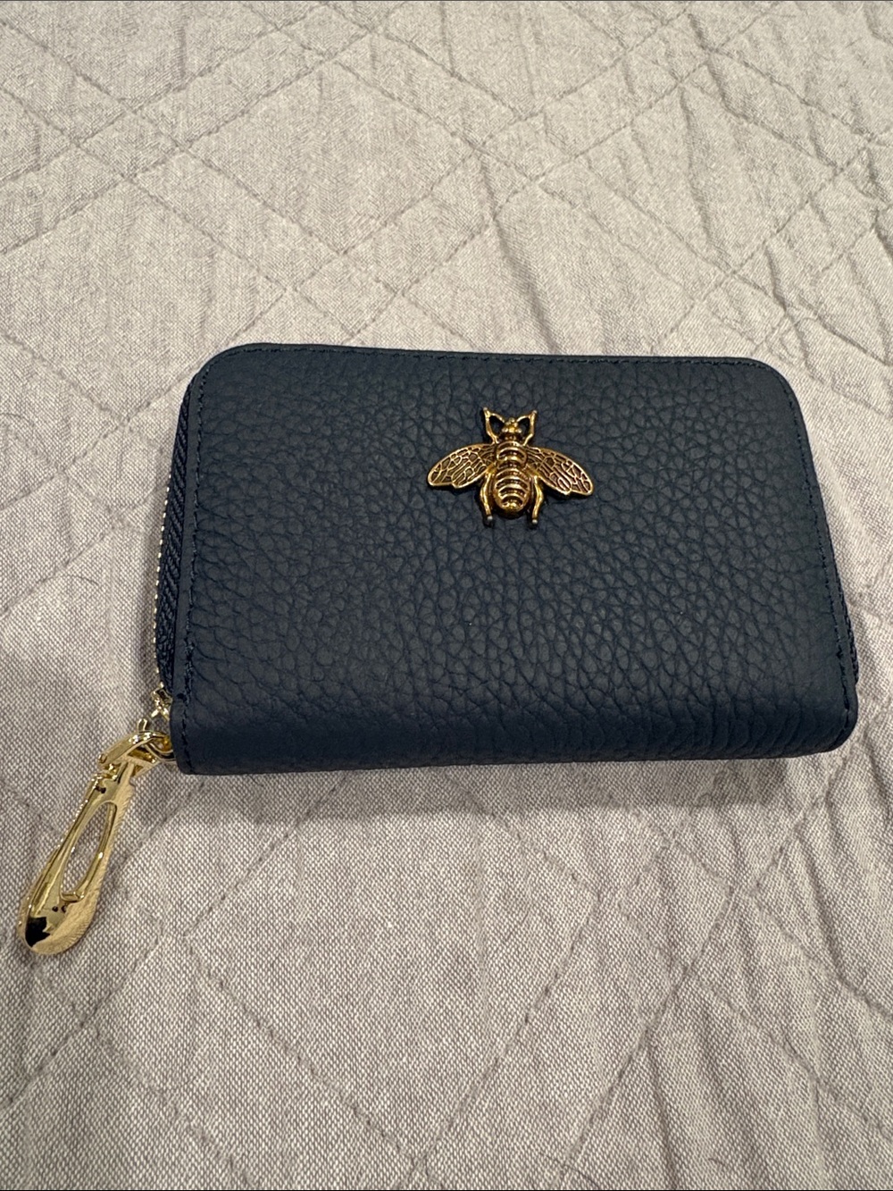 Navy Zip-Around Card & Key Holder with Gold Bee Accent